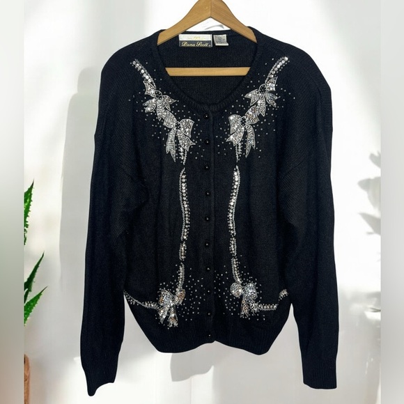 Vintage Dana Scott Lambswool Angora Sequined Button Down Cardigan Bow Sweater - Picture 11 of 11